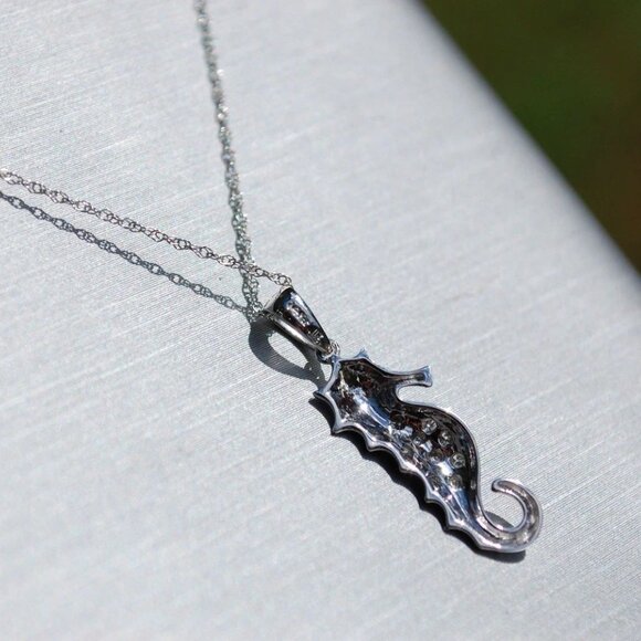 14k White Gold Diamond Accent Seahorse Pendant Necklace - Picture 9 of 10